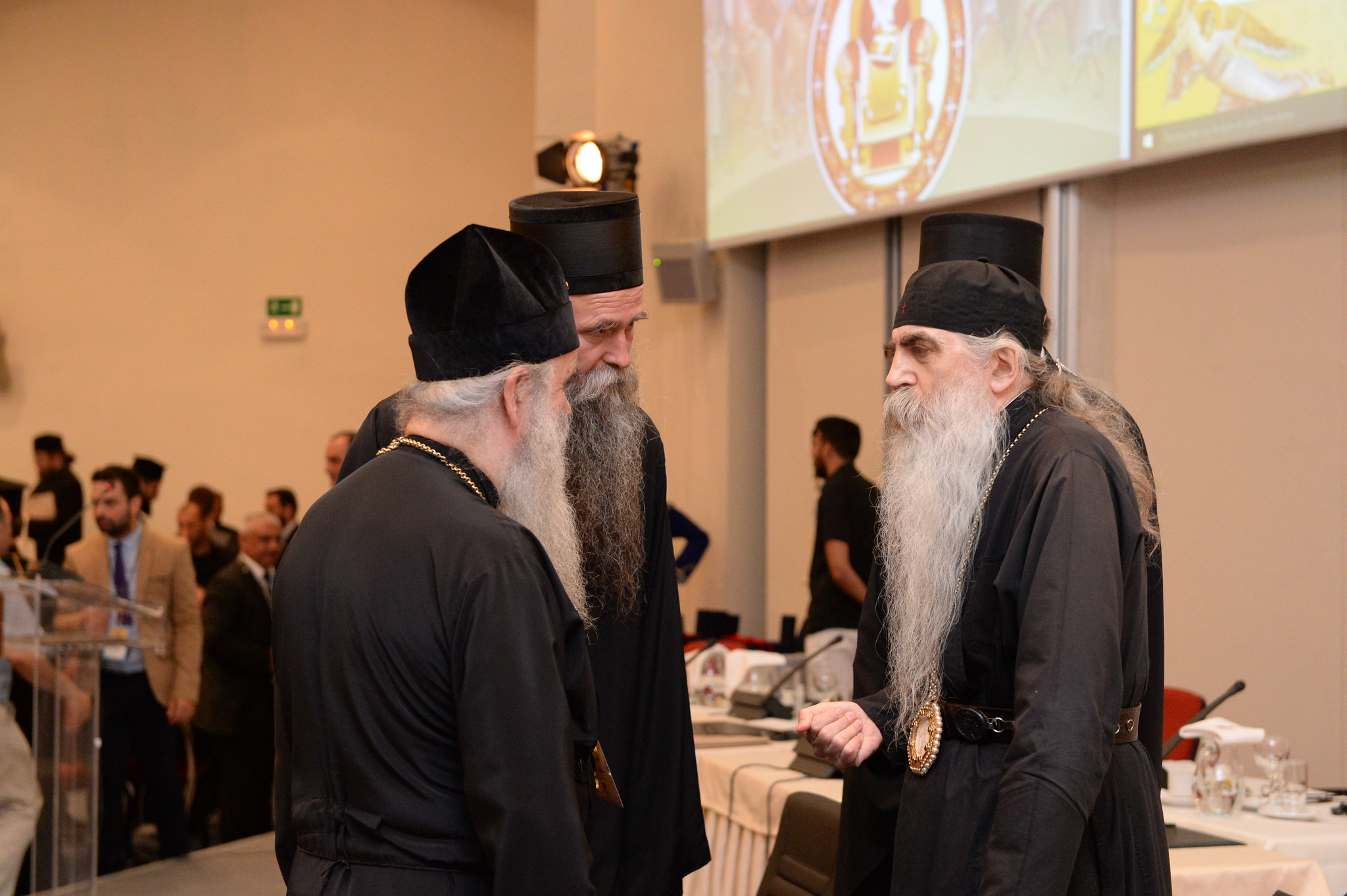 српске владике Амфилохије, Јоаникије и Иринеј у разговору на церемонија пријема поглавара помесних православних цркава у Православну академију на Криту. ФОТО: © ЏОН МИНДАЛА.
