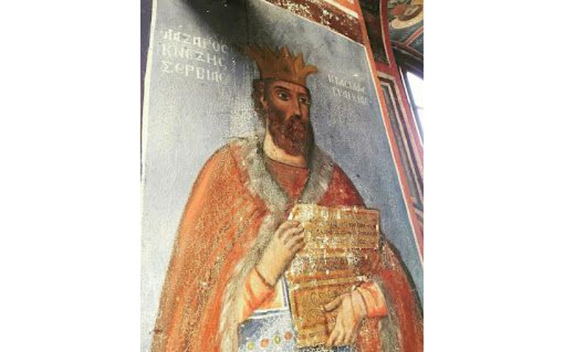 фреска светог кнеза Лазара Косовског са Часним Појасом Пресвете Богородице у манастиру Ватопед
