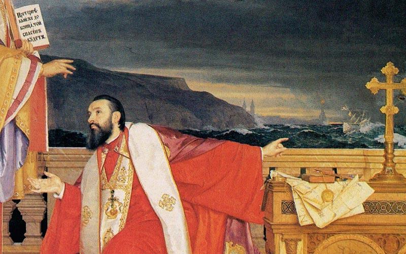 фрагмент слике: Урош Предић, Патријарх Лукијан Богдановић обраћа се Светом Николи, 1910. уље на платну (Српска патријаршија, Београд)